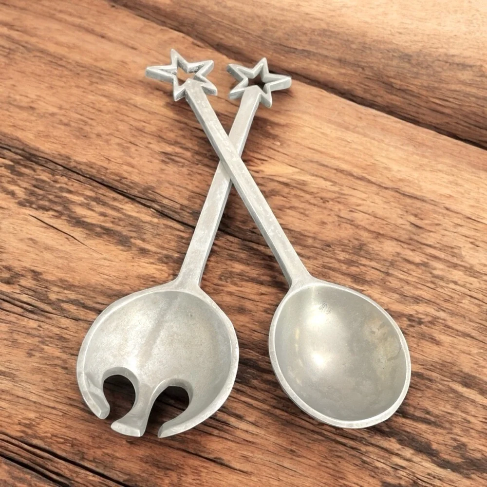 Midcentury Aluminum Salad Server Star Handle Design, Fork Spoon Serving Utensils